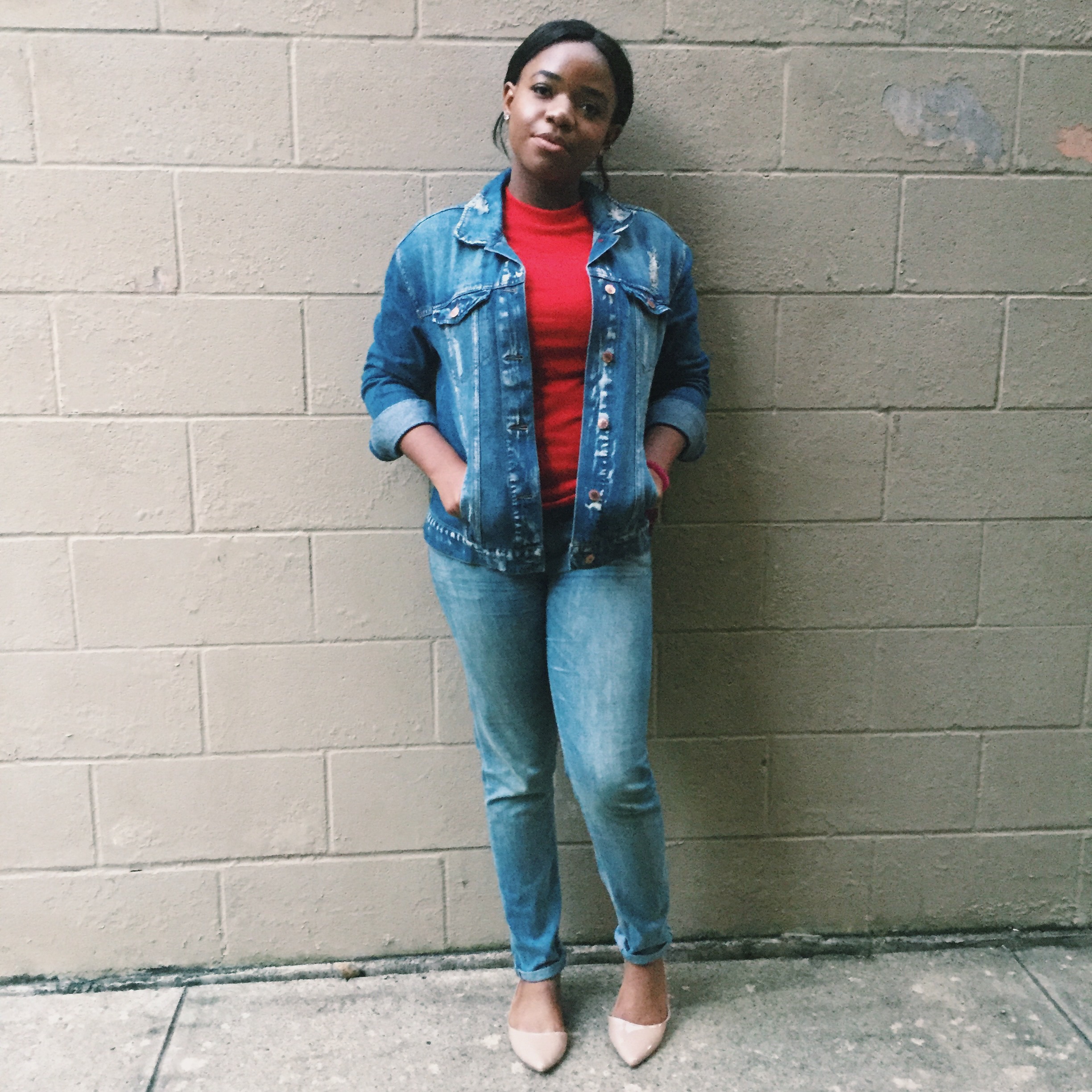 Pacsun Denim Jacket, Forever 21 jeans, Forever 21 ribbed top, Forever 21 flats